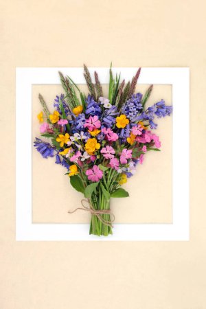 Primavera flores silvestres posy marco de fondo con bluebell, campion rojo, buttercup, ladys flores de bata con flores de pradera y hierbas. Floral Beltane ramo de naturaleza de la flora británica. 