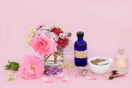 Naturheilkundliche alternative adaptogene Kräutermedizin mit Kräutern und Blumen. Medizinische Beruhigungsmittel Lebensmittelbestandteile für die Heilung opn rosa Hintergrund.