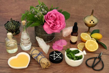 Love potion preparation for magic spell with ingredients of rose flower, thyme, mint, lemon fruit and honey. Occult divination esoteric concept for Valentines Day.