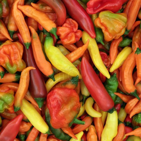 Chili Paprika Gemüse gesunde würzige frische Lebensmittel Hintergrund. Lokale Gärtnerei produziert reichlich bunte organische Ernte Naturzusammensetzung.