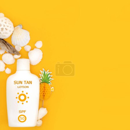 Summer holiday suntan lotion bottle factor fifty for skincare protection with seaside decorations. Travel tourism vacation anti cancer concept on yellow background.