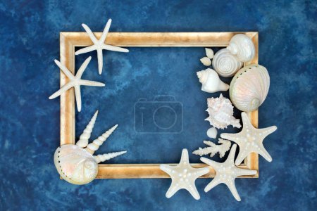 Muschelabstrakt mit weißen Muscheln auf blau meliertem Hintergrund mit goldenem Rahmen. Naturdesign mit exotischen und tropischen Sorten.