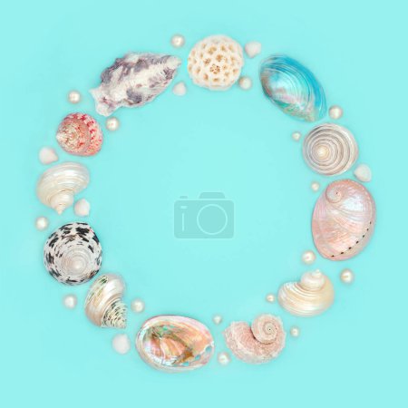 Sea shell and pearl abstract wreath decoration on pastel blue background. Large collection of exotic and tropical shells, natural summer nature design.