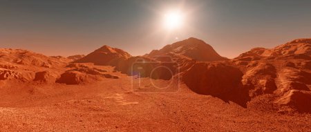 Téléchargez les photos : Mars planète fond, rendu 3D de Mars imaginaire planète terrain, orange érodé désert avec montagnes et soleil levant éclatant, réaliste science fiction mars paysage illustration. - en image libre de droit