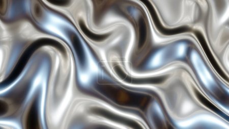 Silber metallische Wellen, glänzendes Chrommetall mit wellenförmigen flüssigen Mustern, seidige 3D-Darstellung.