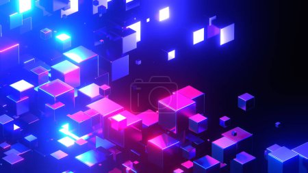 Photo for Abstract technology background with 3D cubes in space, purple blue neon glowing cubes on black, 3D render illustration. - Royalty Free Image