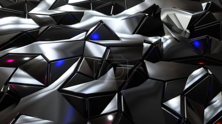 Foto de Fondo de mosaico abstracto, polígonos de metal negro, formas de triángulo azul púrpura diseño de papel pintado metálico, ilustración de renderizado 3D. - Imagen libre de derechos