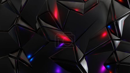 Téléchargez les photos : Fond mosaïque abstrait, polygones métalliques noirs, formes triangulaires violet bleu métallisé conception de papier peint, illustration de rendu 3D. - en image libre de droit