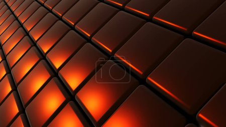 Foto de Oro naranja cromo fondo de tecnología metálica, patrón de cuadrados de metal, telón de fondo brillante y lustroso moderno útil para el papel pintado, ilustración de renderizado 3d. - Imagen libre de derechos