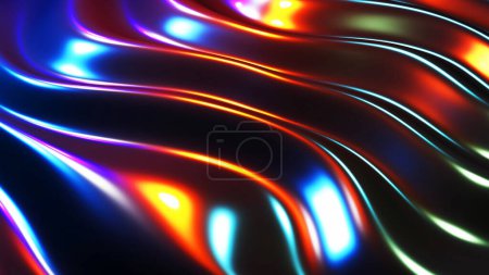 Foto de Fondo ondulado 3d abstracto, ondas oscuras con luces multicolor, patrón de seda metálica líquida render illustration. - Imagen libre de derechos