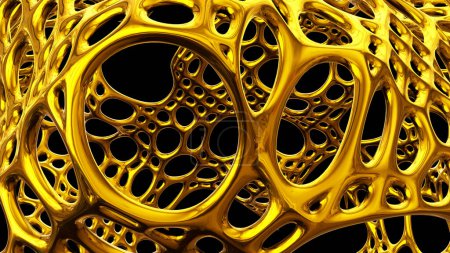 Téléchargez les photos : Fond doré abstrait, formes abstraites en maille dorée, fond métallique brillant enchevêtrement de formes circulaires, illustration 3D en métal brillant. - en image libre de droit