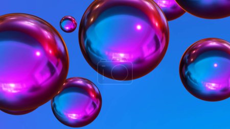 Téléchargez les photos : Shiny colored balls abstract background, 3d purple blue metallic glossy spheres as desktop wallpaper, 3D render illustration - en image libre de droit