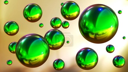 Téléchargez les photos : Shiny colored balls abstract background, 3d green metallic glossy spheres as desktop wallpaper, 3D render illustration - en image libre de droit