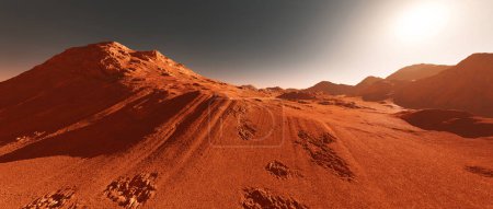 Téléchargez les photos : Mars landscape, 3d render of imaginary mars planet terrain, orange red eroded mars surface, science fiction illustration. - en image libre de droit