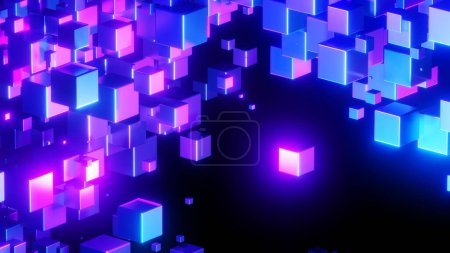Téléchargez les photos : Abstract technology background with 3D cubes in space, purple blue neon glowing cubes on black, 3d science wallpaper render illustration - en image libre de droit