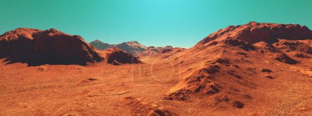 Téléchargez les photos : Mars landscape, 3d render of imaginary mars planet terrain, science fiction view of planet mars illustration. - en image libre de droit