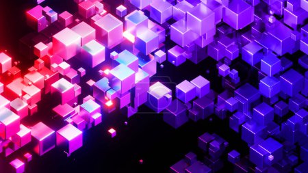 Foto de Fondo abstracto 3D, muchos cubos con brillo azul púrpura neón sobre fondo de tecnología científica interesante negro, ilustración de renderizado 3D. - Imagen libre de derechos