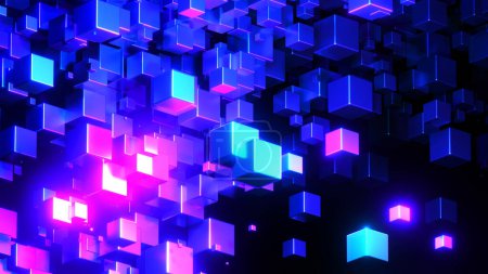 Foto de Abstract technology background with 3D cubes in space, purple blue neon glowing cubes on black, 3d science wallpaper render illustration - Imagen libre de derechos