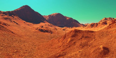 Foto de Mars landscape, 3d render of imaginary mars planet terrain, science fiction view of planet mars illustration. - Imagen libre de derechos
