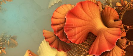 Photo for Abstract underwater coral reef background, fantastic orange shells and fictional shapes, 3D render illustration. - Royalty Free Image