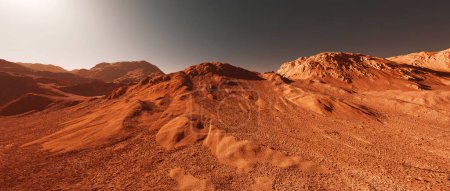 Photo for Mars landscape, 3d render of imaginary mars planet terrain, science fiction illustration. - Royalty Free Image