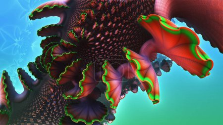 Foto de Abstract underwater coral reef background, fantastic orange shells and fictional shapes, 3D render illustration. - Imagen libre de derechos