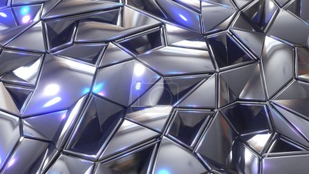 Téléchargez les photos : Fond mosaïque abstrait, polygones métalliques argentés, formes triangulaires violet bleu métallique fond d'écran design, illustration de rendu 3D. - en image libre de droit