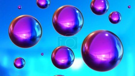 Foto de Shiny colored balls abstract background, 3d purple blue metallic glossy spheres as desktop wallpaper, 3D render illustration - Imagen libre de derechos