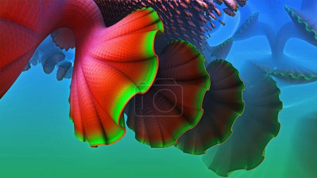 Foto de Fondo abstracto de arrecife de coral submarino, fantásticas conchas naranjas y formas ficticias, ilustración de renderizado 3D. - Imagen libre de derechos