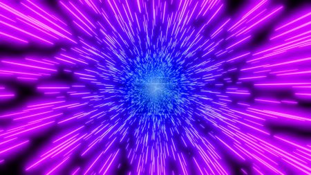 Foto de Abstracto fondo dinámico 3d ráfaga líneas, colores de neón brillo en negro, concepto de velocidad cósmica, túnel hiperespacial dinámico 3d ciencia ficción renderizar ilustración. - Imagen libre de derechos