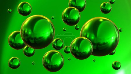 Téléchargez les photos : Shiny colored balls abstract background, 3d green metallic glossy spheres as desktop wallpaper, 3D render illustration - en image libre de droit