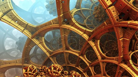 Foto de Abstract background, fantastic gold metal structures, ancient civilization fictional background, 3D render illustration. - Imagen libre de derechos
