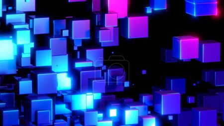 Foto de Fondo abstracto 3d, muchos cubos azules metálicos con brillo de neón en negro, diseño de papel pintado de tecnología - Imagen libre de derechos