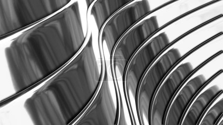 Foto de Rayas de fondo de acero plateado 3d patrón ondulado, ondas rayas metálicas lustrosas elegantes, textura de metal cromado. - Imagen libre de derechos