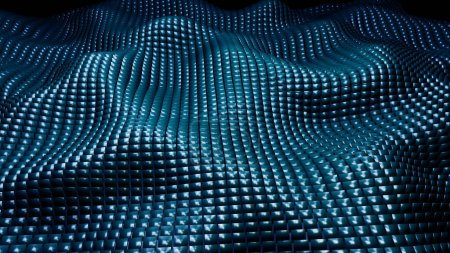 Foto de Fondo de mosaico azul oscuro, ondas 3d de formas cuadradas de metal, tecnología abstracta papel pintado moderno, ilustración dinámica de renderizado 3d. - Imagen libre de derechos