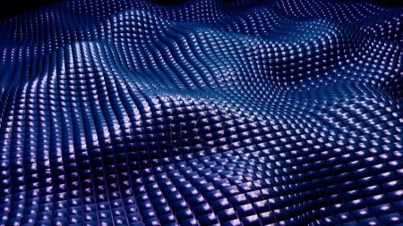 Foto de Fondo de mosaico azul oscuro, ondas 3d de formas cuadradas de metal, tecnología abstracta papel pintado moderno, ilustración dinámica de renderizado 3d. - Imagen libre de derechos