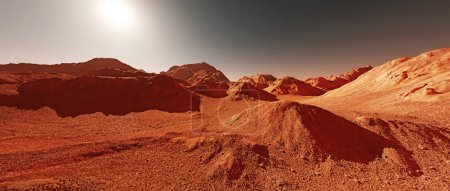 Foto de Marte paisaje, 3d renderizado de marte imaginario planeta terreno, fondo de ciencia ficción, ilustración 3D. - Imagen libre de derechos