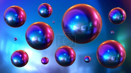 Foto de Shiny colored balls abstract background, 3d purple blue metallic glossy spheres as desktop wallpaper, 3D render illustration. - Imagen libre de derechos