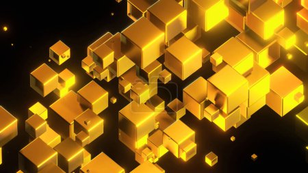 Foto de Fondo abstracto 3D, muchos cubos de oro con brillo dorado de neón en negro, interesante fondo de tecnología científica, ilustración de renderizado 3D. - Imagen libre de derechos