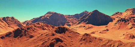 Téléchargez les photos : Mars planète paysage paysage, rendu 3D de Mars imaginaire planète terrain, désert orange avec des montagnes, illustration réaliste de science-fiction. - en image libre de droit