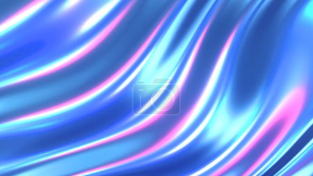 Téléchargez les photos : Tissu gradient ondulé chromé irisé fond abstrait, texture holographique ultraviolette, surface liquide, ondulations, réflexion métallique. Illustration de rendu 3D - en image libre de droit