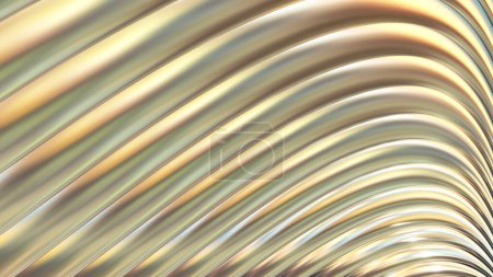 Téléchargez les photos : Fond abstrait, iridescence 3d et motif rayé ondulé or chatoyant, intéressant fond d'écran métallique doré rayé, illustration de rendu 3D. - en image libre de droit