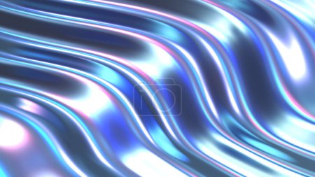 Téléchargez les photos : Tissu dégradé ondulé chromé irisé fond abstrait, texture holographique ultraviolette, surface liquide, ondulations, réflexion métallique. Illustration de rendu 3D. - en image libre de droit