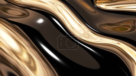 Téléchargez les photos : Abstrait fond d'or, or noir métal ondulé motifs liquides papier peint, illustration de rendu 3D. - en image libre de droit
