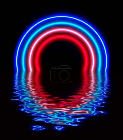 Abstract futuristic background, purple blue neon lights gate with 3D glowing reflected in water, sci fi render illustration.