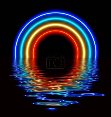 Abstract futuristic background, orange blue neon lights gate with 3D glowing reflected in water, sci fi render illustration.