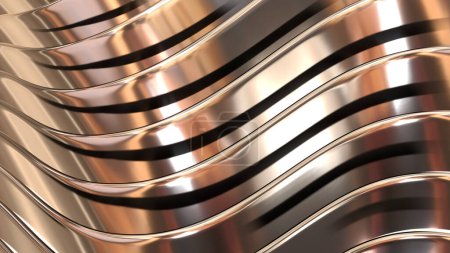 Foto de Fondo metálico abstracto, patrón de rayas onduladas de metal de oro 3d, interesante papel pintado a rayas, ilustración de renderizado. - Imagen libre de derechos