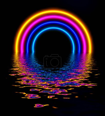 Abstrakter futuristischer Hintergrund, lila-blaues Neonlicht-Tor mit 3D-Glühen, das sich im Wasser spiegelt, Science-Fiction-Darstellung.