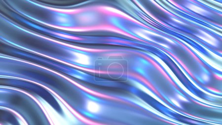Téléchargez les photos : Tissu dégradé ondulé chromé irisé fond abstrait, texture holographique ultraviolette, surface liquide, ondulations, réflexion métallique. Illustration de rendu 3D. - en image libre de droit