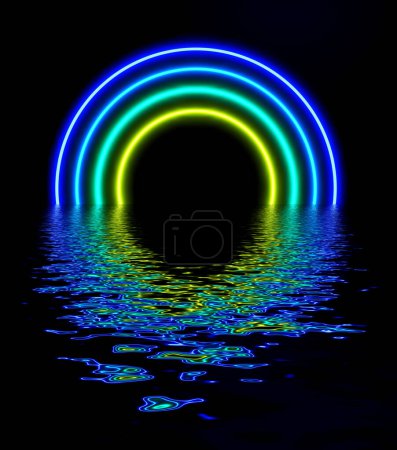 Abstract futuristic background, yellow blue neon lights gate with 3D glowing reflected in water, sci fi render illustration.